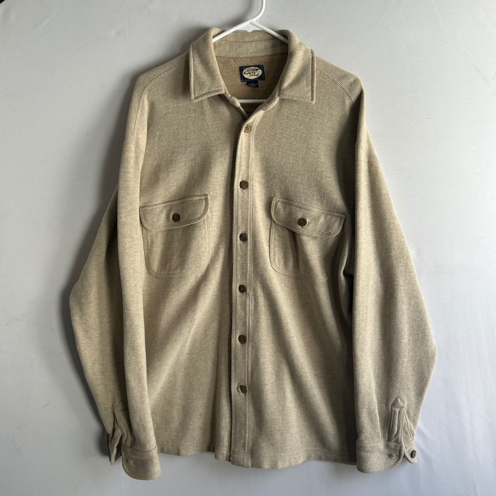 Tommy Bahama Mens Large Tan 100% Cotton Heavy Knit Button Down Shirt Shacket